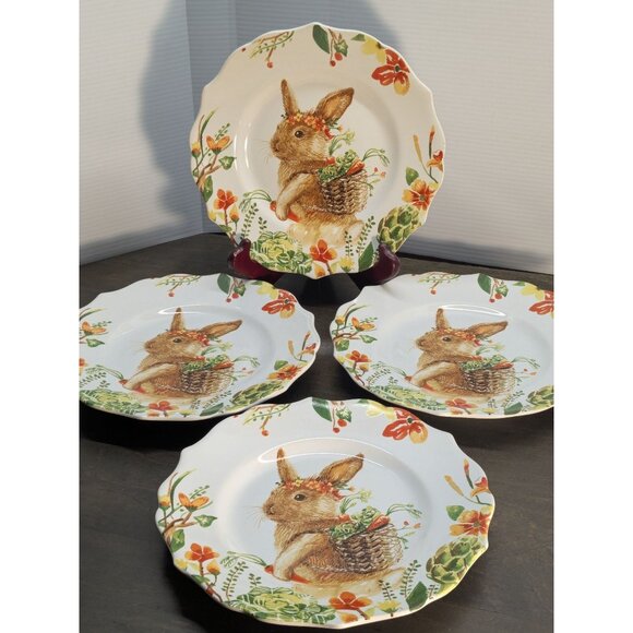 Pier 1 Lilly Easter Bunny Rabbit Salad Plates 8.5" Retired Collectible Set Of 4 - Picture 1 of 8